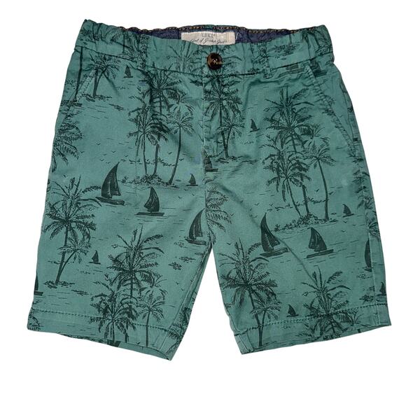 H&M L.O.G.G Boys 4-5Y Green Tropical Print Shorts Palm Trees Sailboats - Picture 1 of 5
